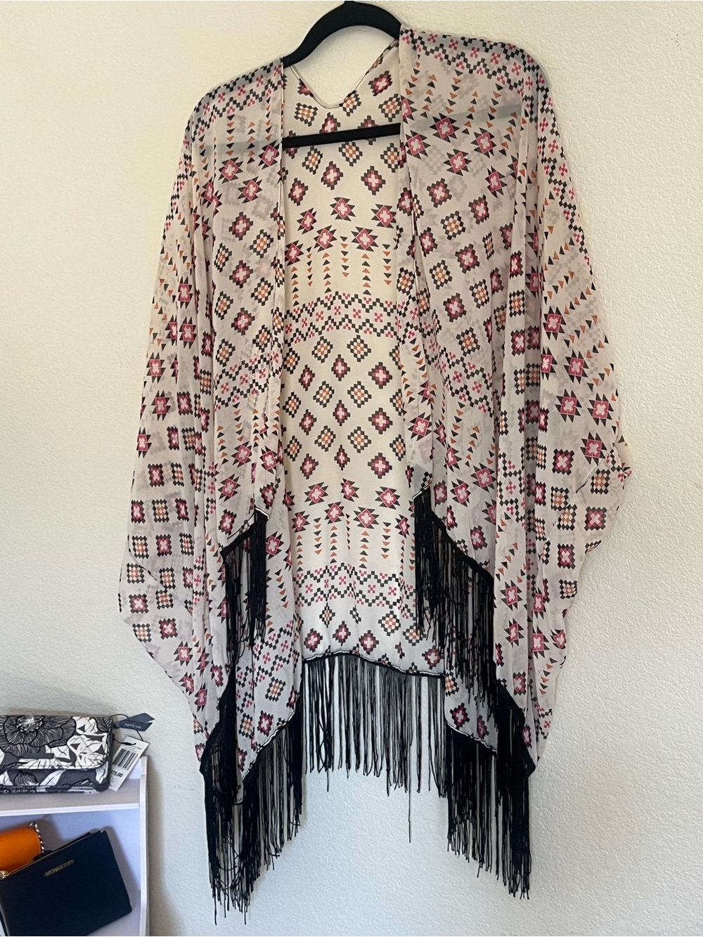 Boho Fringe Kimono Cardigan in Cream and Black with Pink Accents